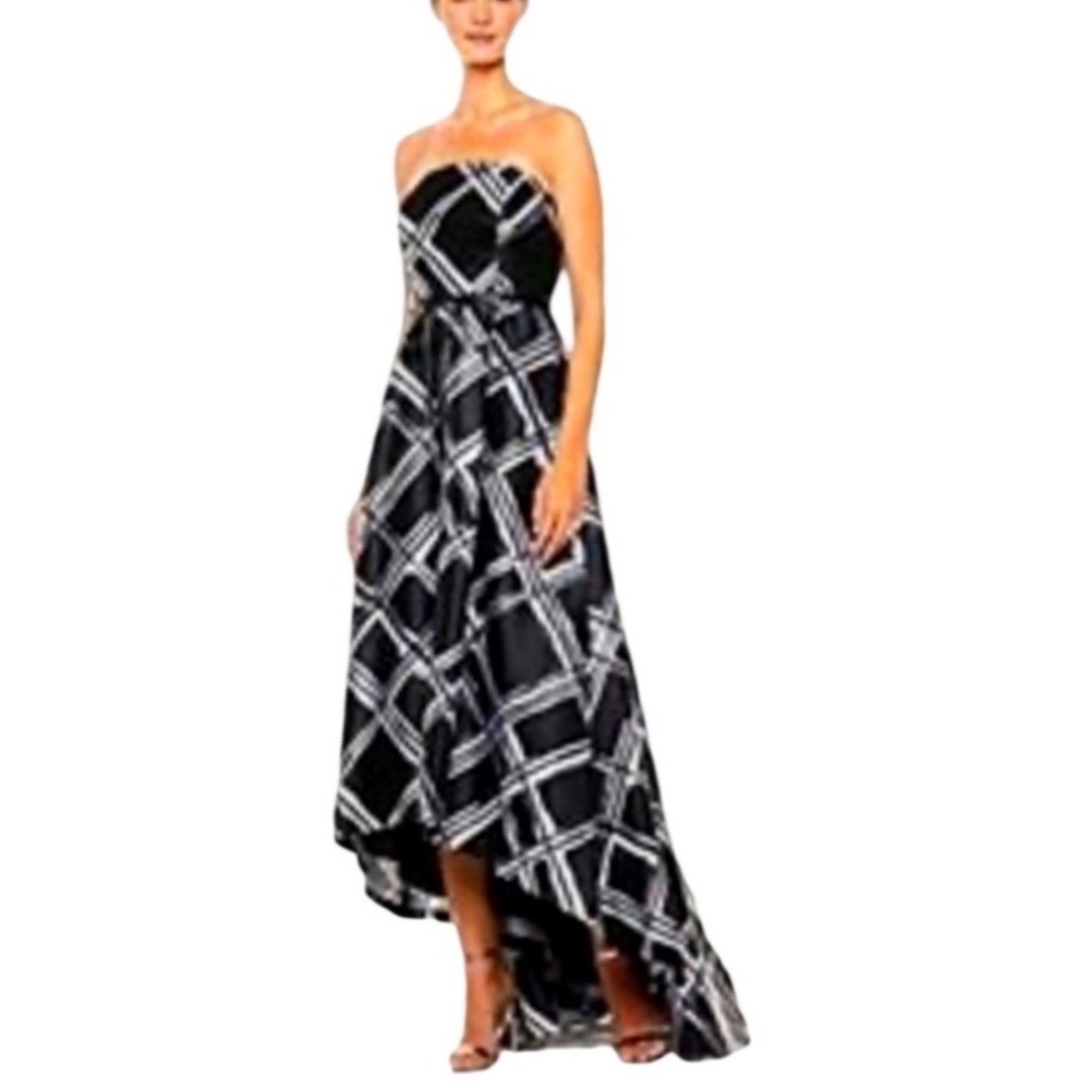 Calvin Klein Black White Brushstroke Plaid Strapless High-Low Gown Prom Dress 4